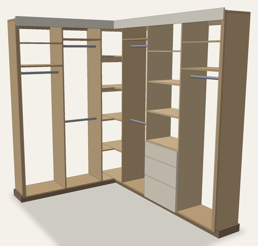 A walk-in closet built-in — wardrobe walls meeting in a wrapped corner