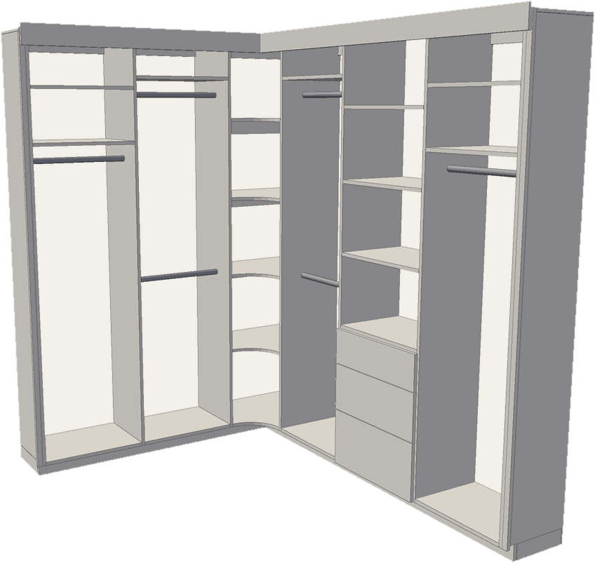 A walk-in closet built-in — two floor-to-ceiling wardrobe walls meeting in a wrapped corner