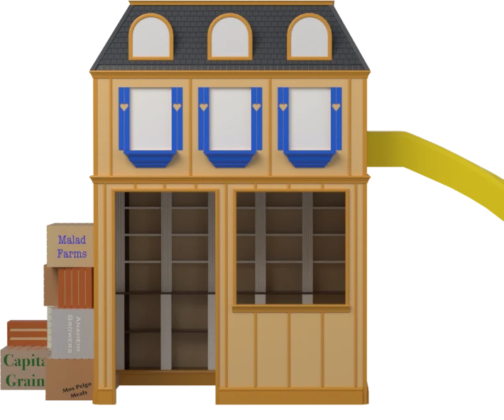 A render of the Peterson Grocer playhouse — a two-story storefront with arched dormers, blue shutters, and a slide