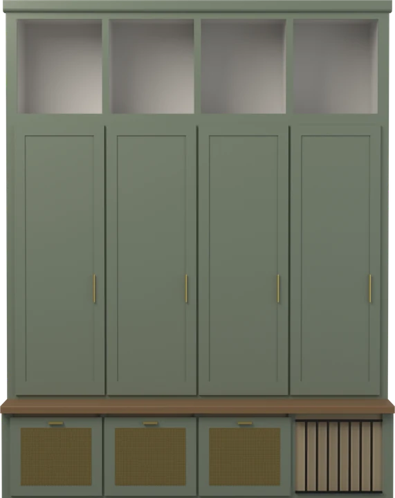The mudroom lockers — bench, upper cubbies, tall doors, and lower drawers