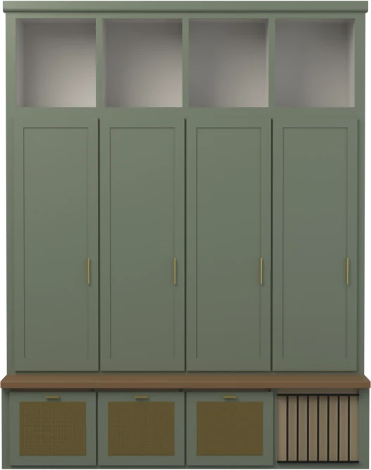 A render of the mudroom lockers — bench, upper cubbies, tall doors, and lower drawers