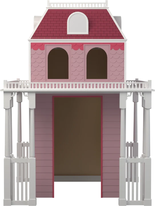 The Rose Cottage playhouse — a pink Victorian with a balcony and arched windows