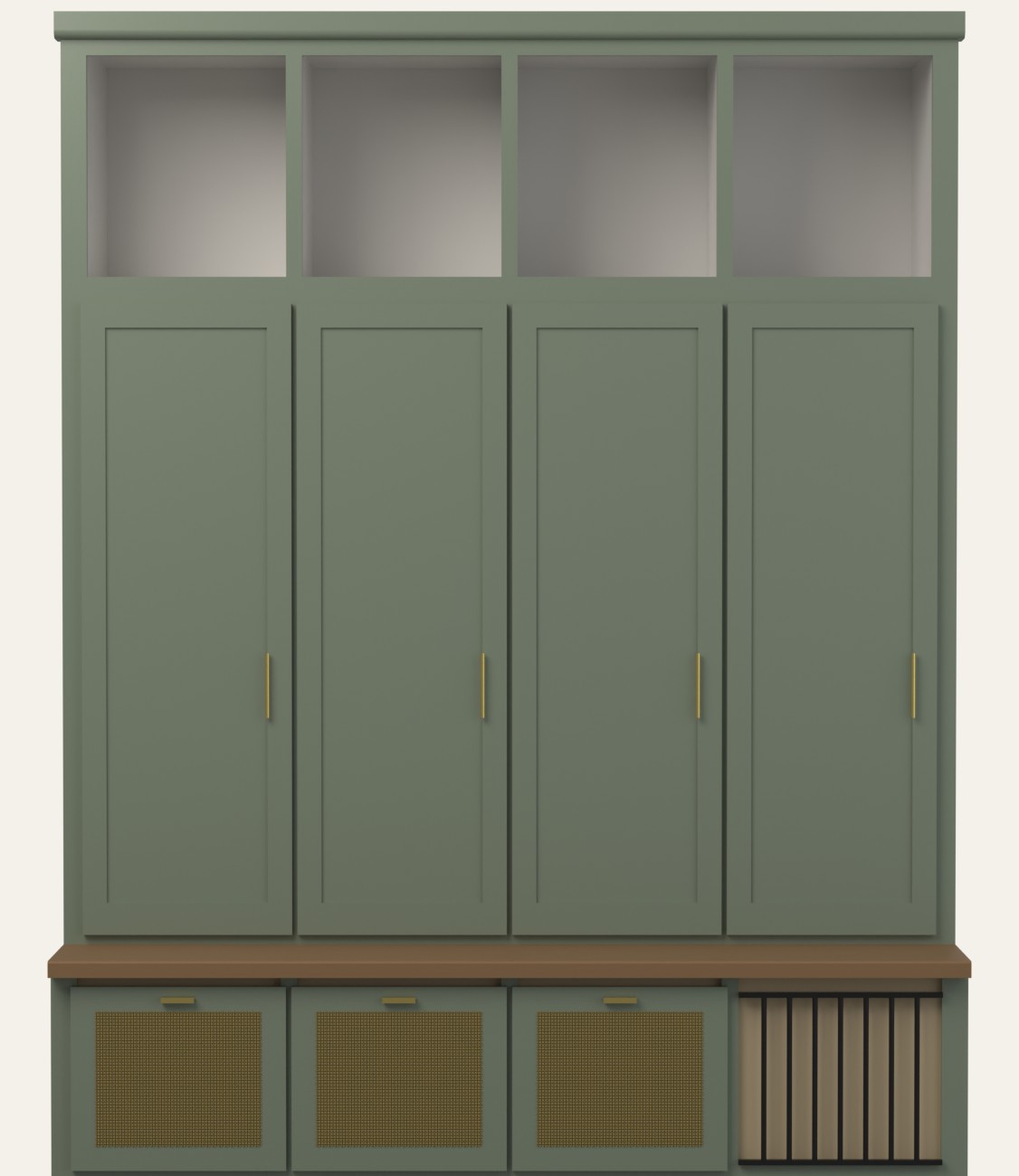 The mudroom locker system — four lockers with upper cubbies, tall doors and lower drawers; drawn as a line elevation left of the seam and standing painted right of it