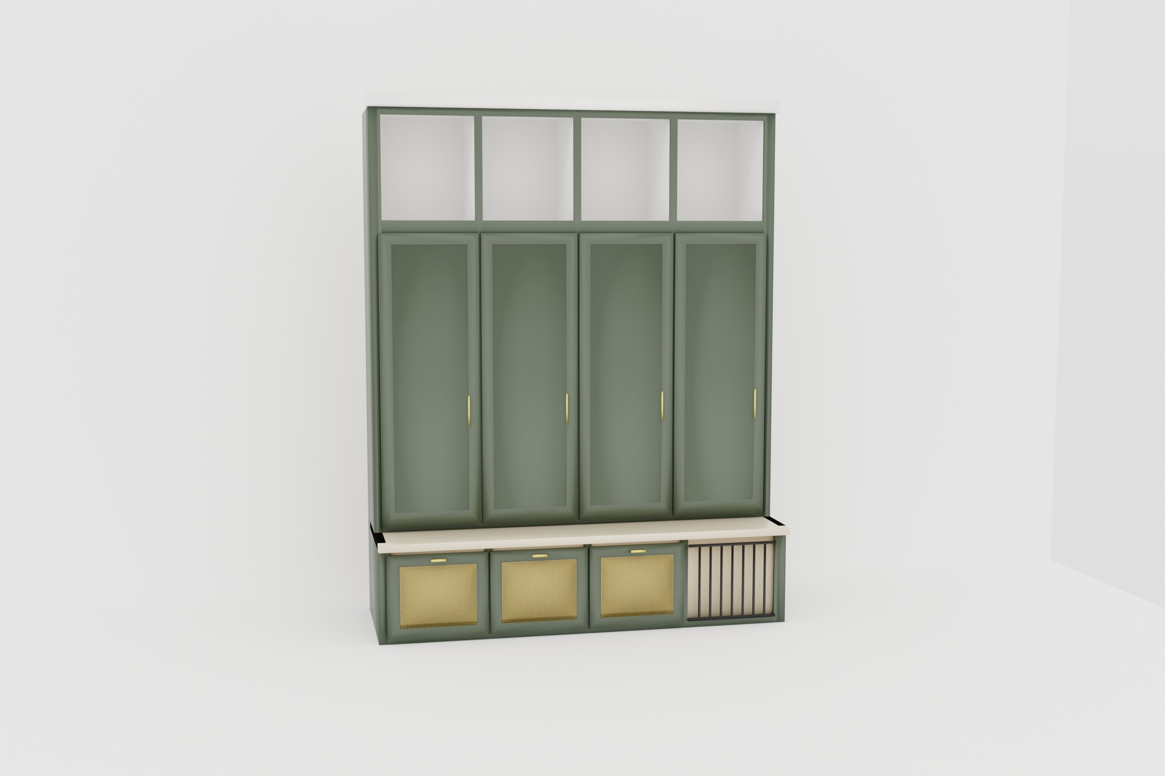 Parametric mudroom locker system — 4-locker configuration with upper cubbies, tall doors, and lower drawers