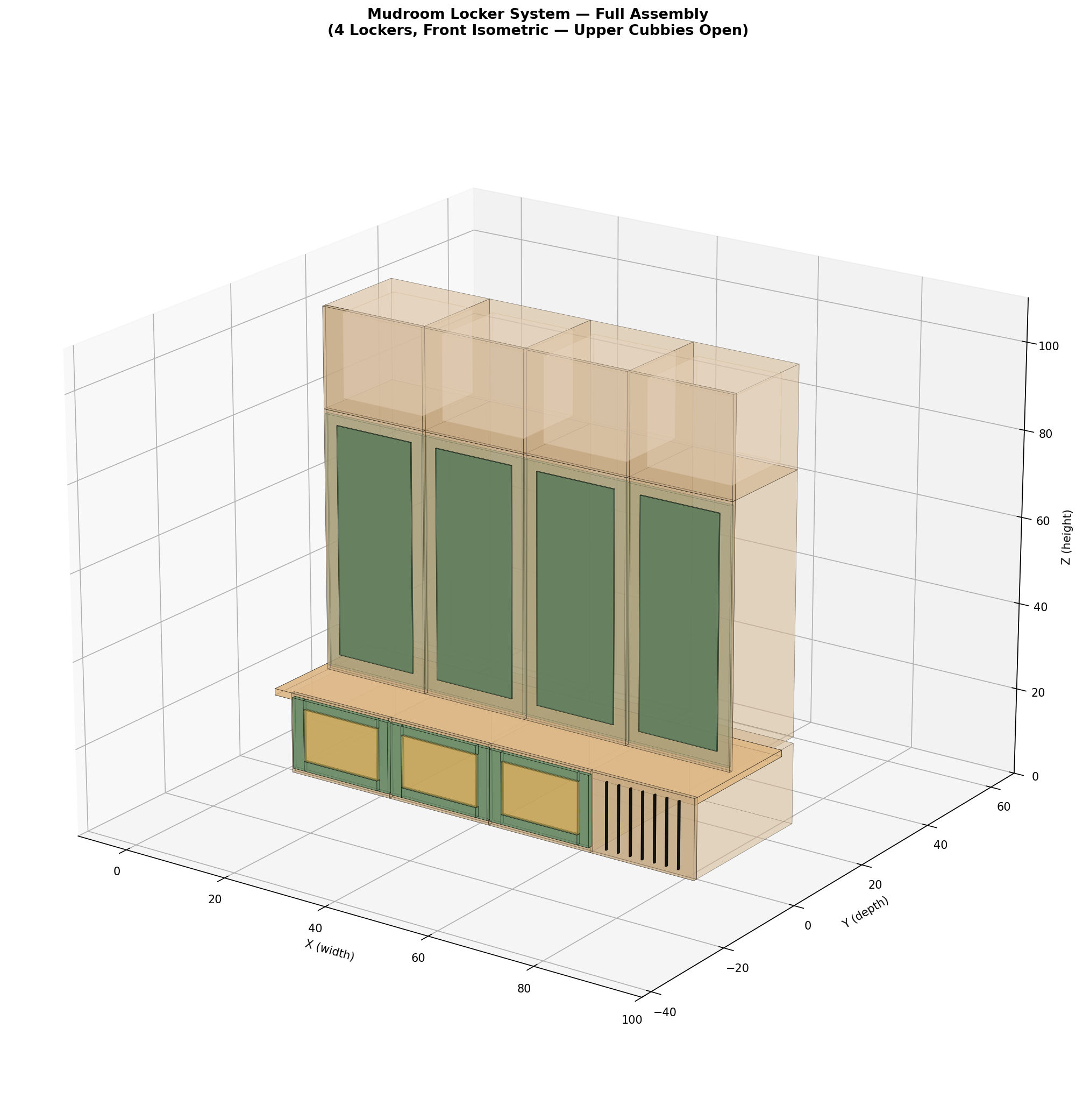 Parametric mudroom locker system — 4-locker configuration with upper cubbies, tall doors, and lower drawers