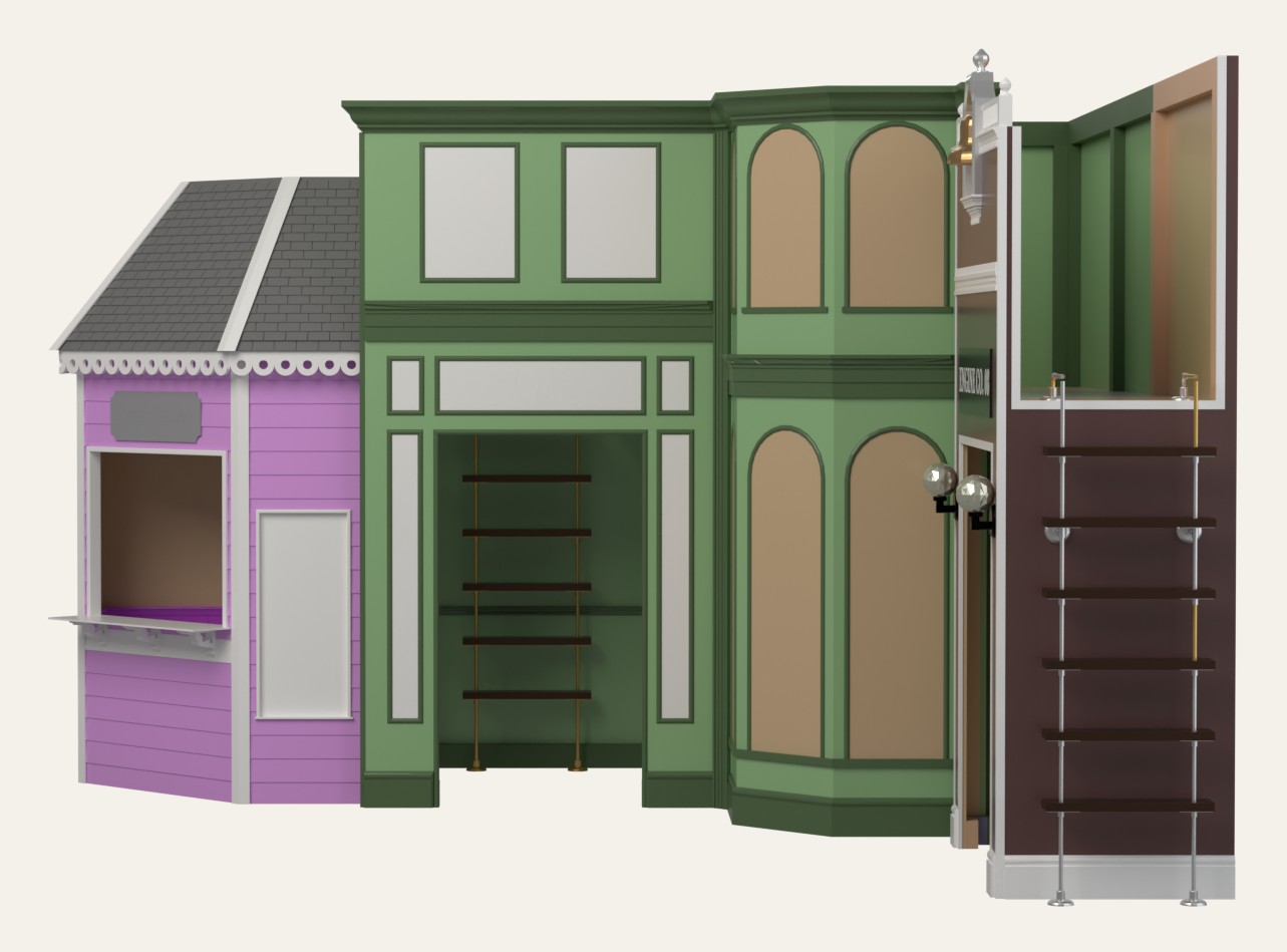 Playhouse render — three connected Main Street storefronts wrapping a corner