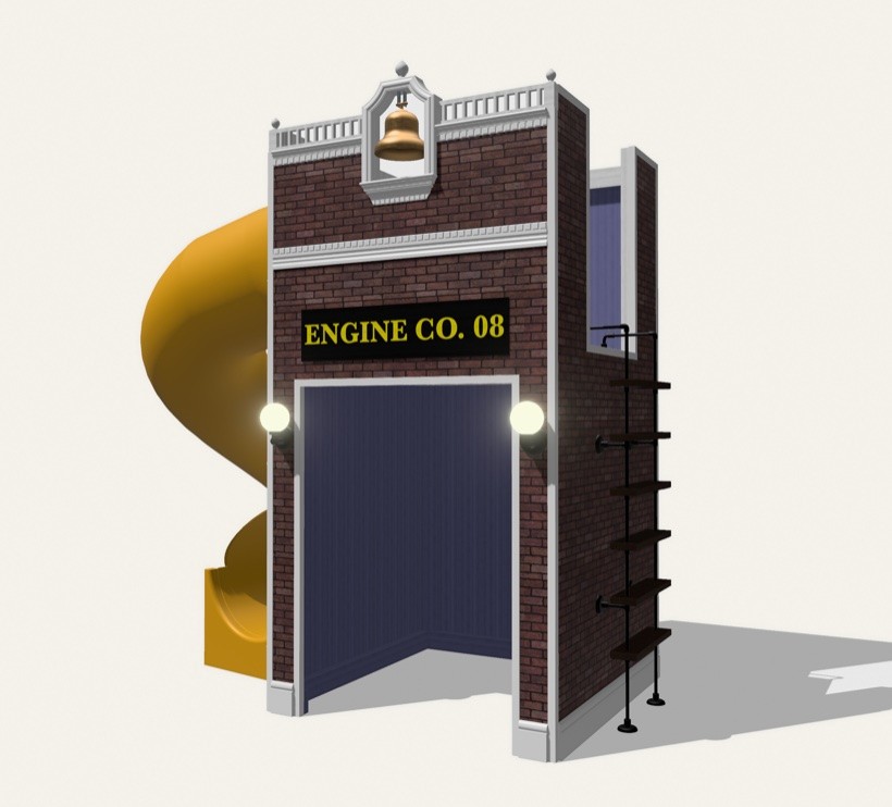 Jay Street Fire Station playhouse render — a red-brick engine-bay front with a brass bell in a white pediment and a side ladder