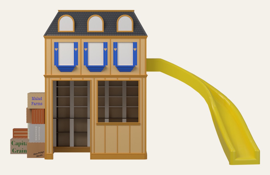 The Peterson Grocer playhouse render — a two-story storefront with three arched upper windows, a striped awning, and a slide off the side