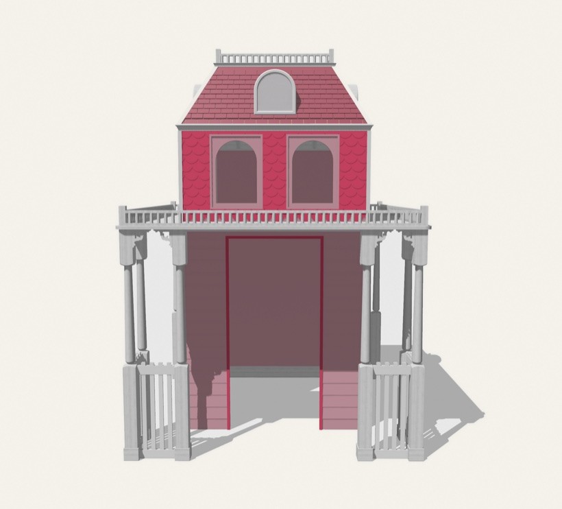 A render of the Rose Cottage playhouse — a pink Victorian with a balcony and arched windows